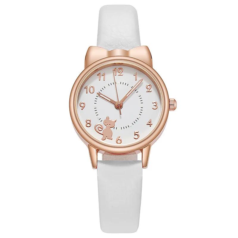 Fashion Cute Cat Dial Women Watches Leather Strap Quartz Wristwatches Student Girls Clock Watch for Ladies Montre Femme белый