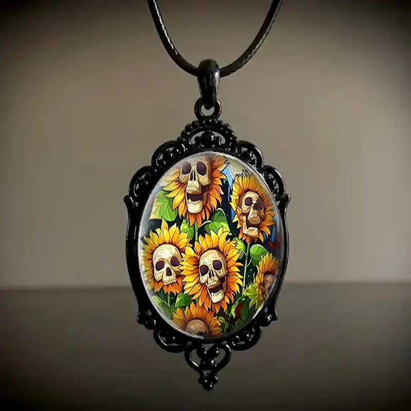 Sunflower Pattern Glass Pendant Necklace With A Stylish Black Frame. жёлтый