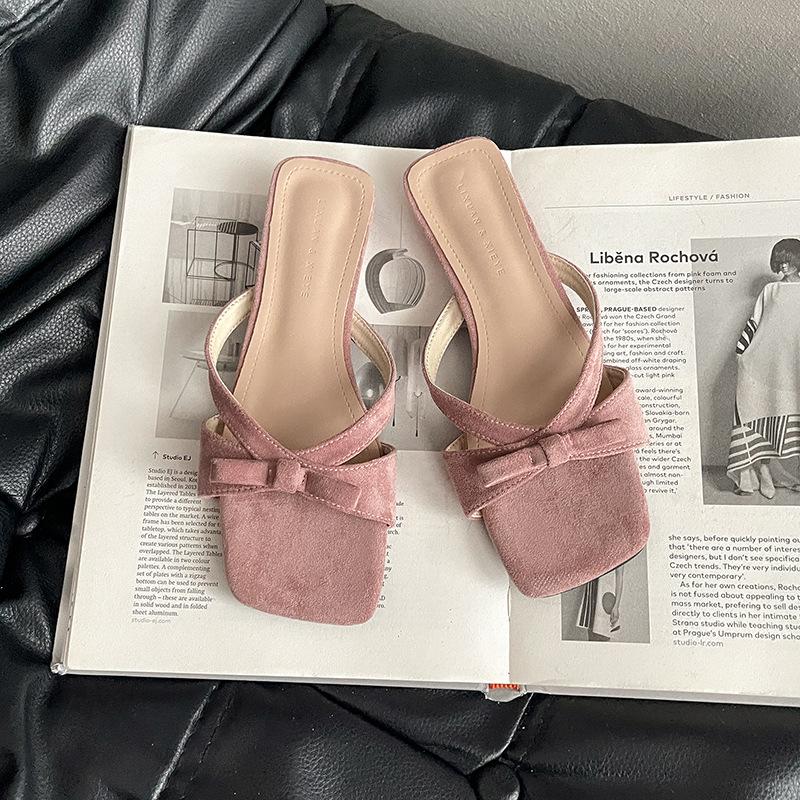 Minimalist bow cross belt open-toed low-heeled slippers summer wear thick-heeled shoes versatile women's sandals