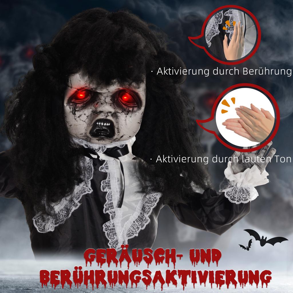 Horror doll, Halloween decoration, creepy voice & music, red eyes, movable, 160 cm