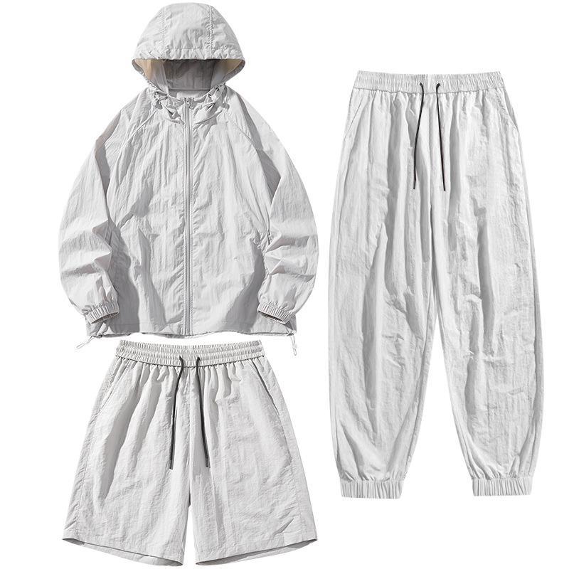Summer Solid-color Casual Sun-protective Clothing Set with Hooded Thin Coat, Same Style for Both Men and Women, Three-piece Skinwear Set
