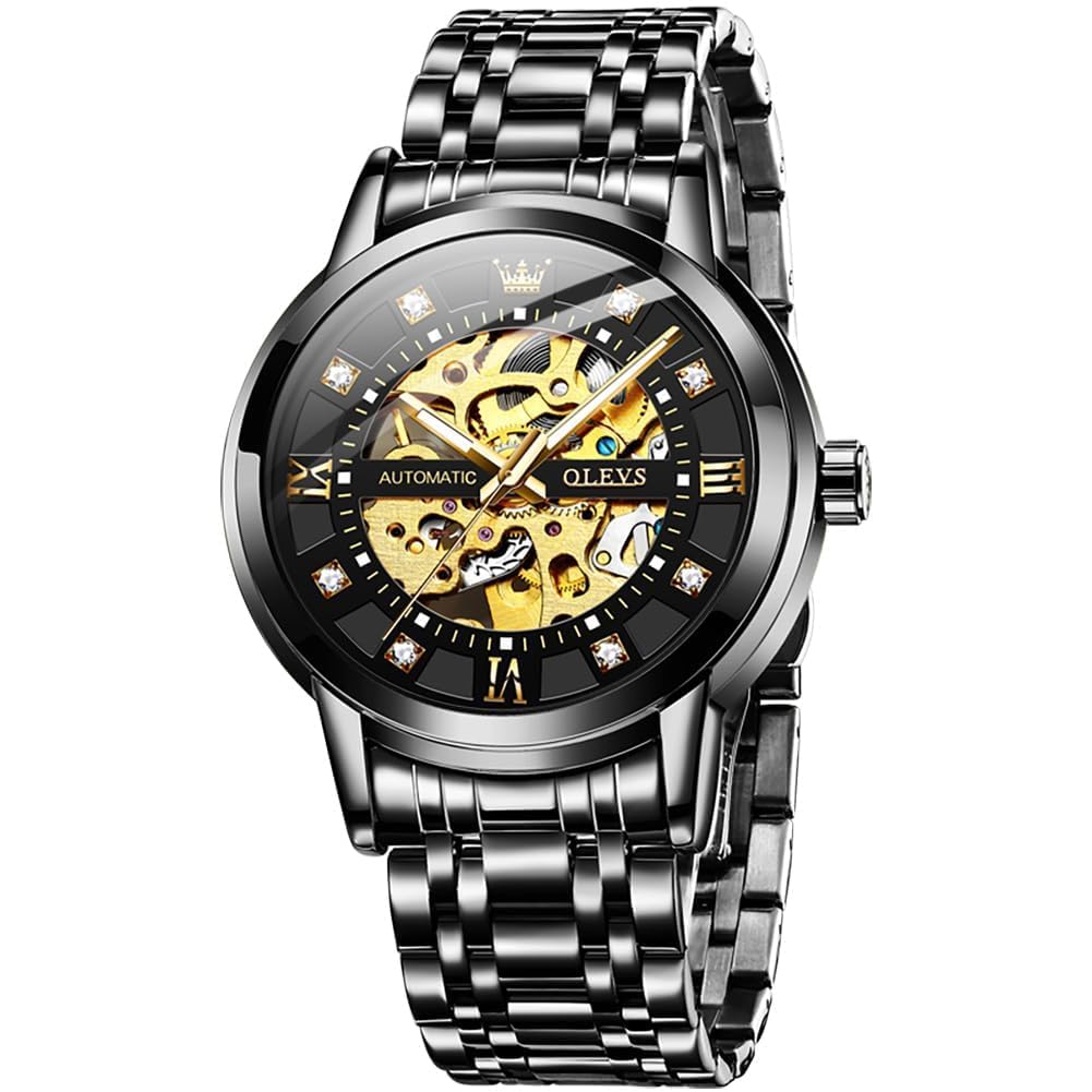 OLEVS Men's Watch Stylish Automatic Mechanical Gentleman Fashion Waterproof Luminous Brand Stainless Steel Black (Gold/Black 9901)
