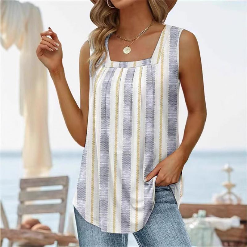 2026 New Summer Sleeveless Square Neck Printed Vest Women s Fashion Casual T-Shirt S