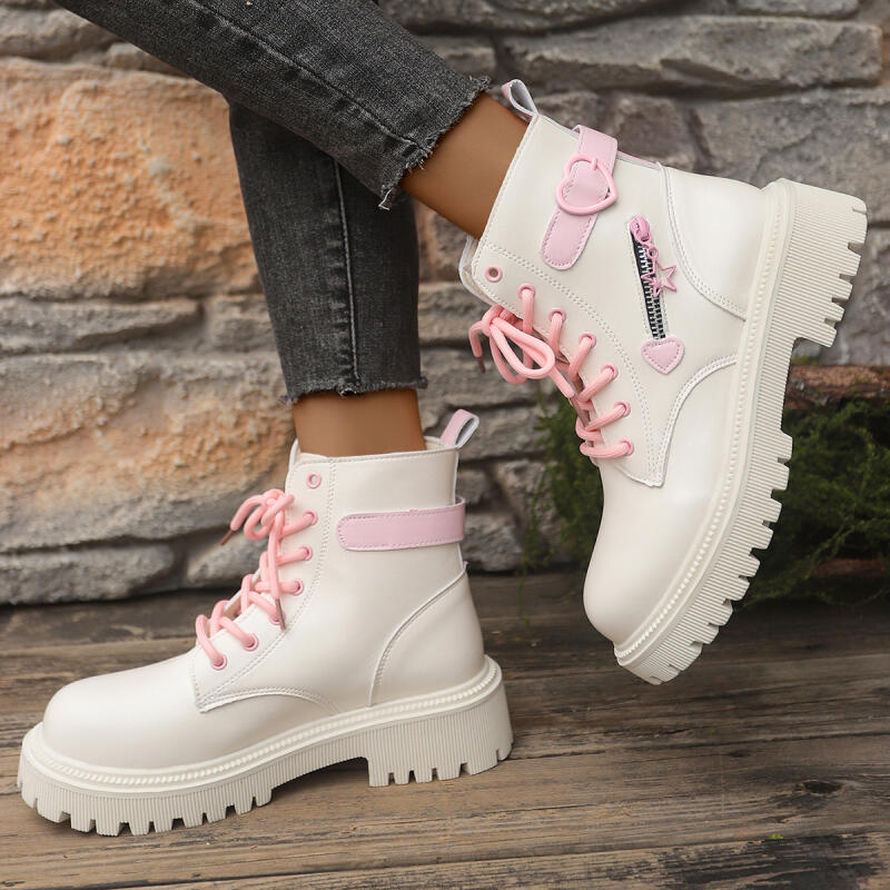 Fashion Punk Pink Metal Heart Buckle Ankle Boots Women 2025 Winter Gothic Thick Bottom Black Boots Sexy Y2K Shoes with Platform Size 42