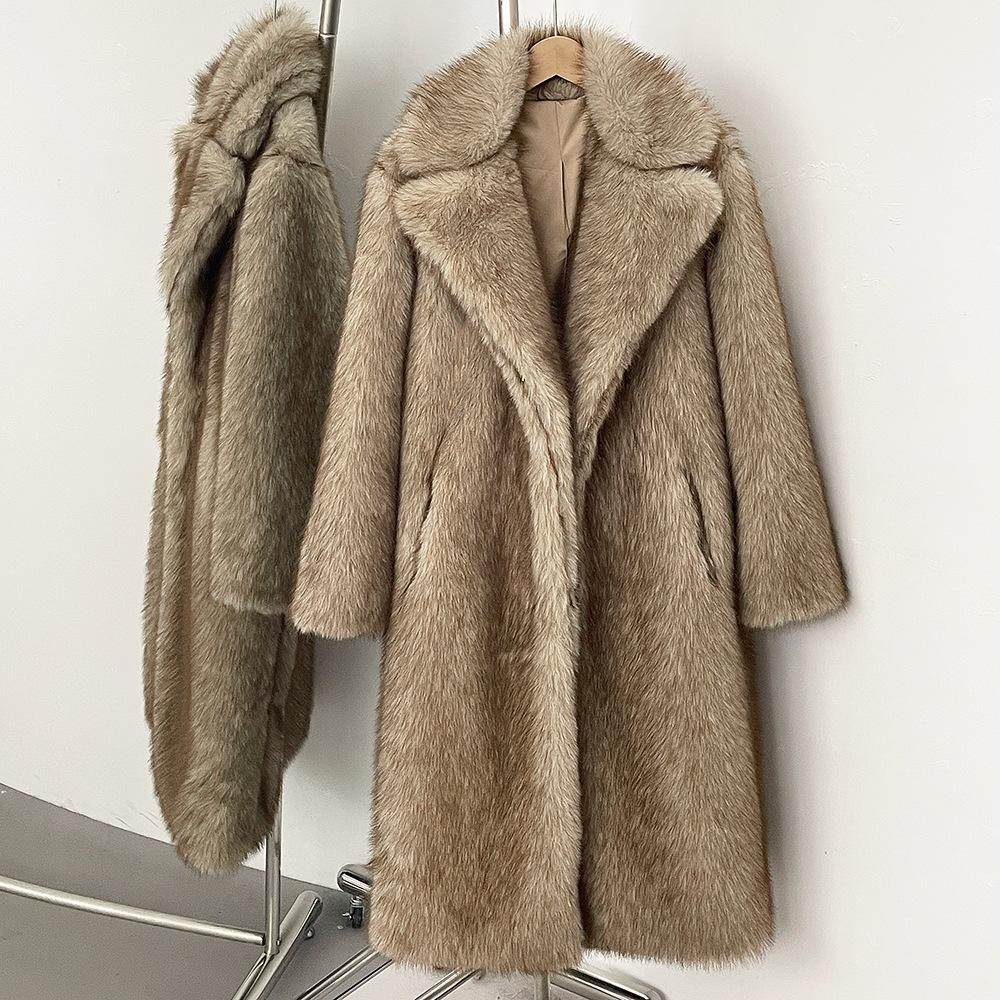 Winter Women Faux Fur Jacket Coat Solid Khaki Long Sleeve Thick Warm Overcoat Outwear Fluffy Coat for Women