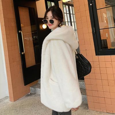 Women's Autumn And Winter Thickened Imitate Mink Coat Medium Length Hooded Jacket Environmental Protection Solid Color Fur Coat