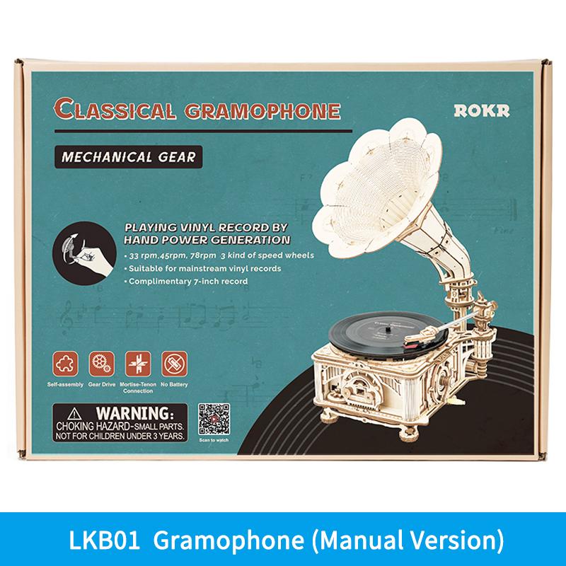 Robotime Rokr DIY Hand Retro Decoration Crank Classic Gramophone 3D Wooden Puzzle Building Kits Toy Gift for Adults Teens LKB01D
