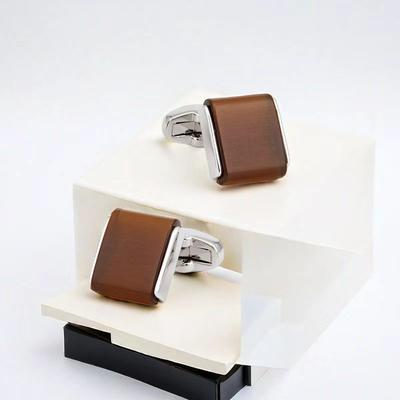 Men'S Cufflinks, High Quality Light Luxury French Inlaid Brown Opal Square Silver Sleeve Staple Buttons Xk18S025