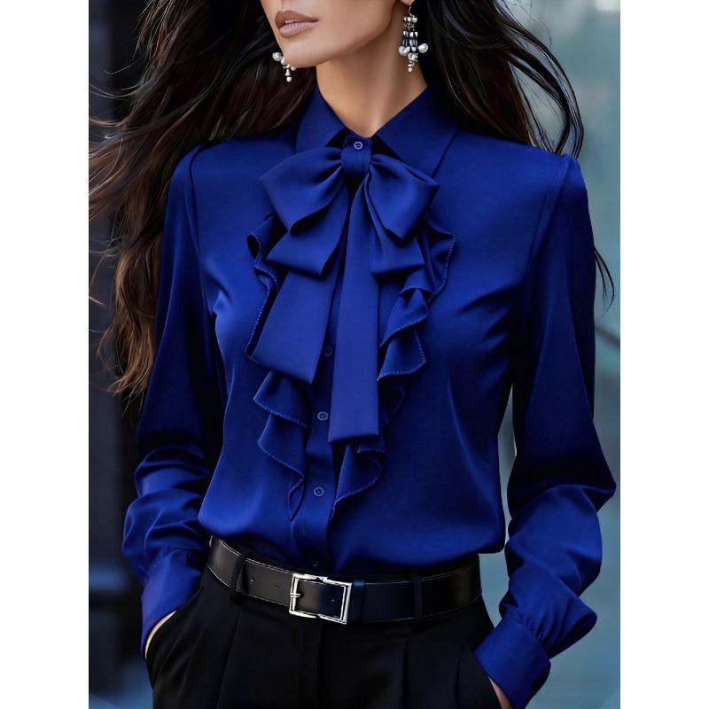 TIFICY Women's Fashion Casual Spring Autumn Solid Color Print Long Sleeve POLO Neck Blouses & Shirts