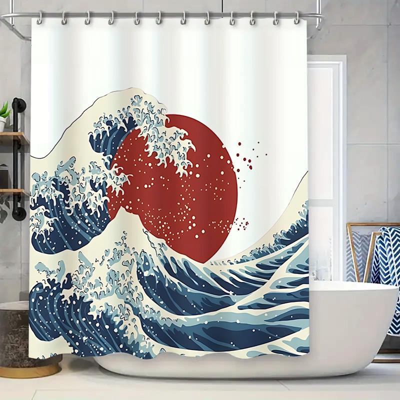 Die große Welle vor Kanagawa Duschvorhang Japanischer Stil Badezimmerdeko Kunstdruck Wasserdichter Polyesterstoff Badvorhang