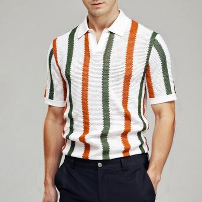 Pánské pletené tričko s klopou, krátký rukáv, žebrovaný úplet, prodyšné, pruhované, ležérní golfové tričko pro každodenní nošení, na ulici, do práce