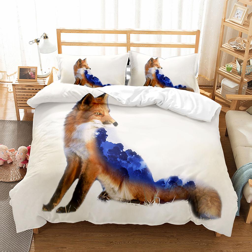 Fox Duvet Cover Set Cartoon Cute Fox Polyester Comforter Cover King Queen Full Size For Kid Boy Girl Bedding Set With Pillowcase
