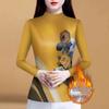 Mom's Autumn/Spring Long Sleeve Semi-High Neck Fleece Lined Shirt - High-End Print Tummy Covering T-Shirt Top