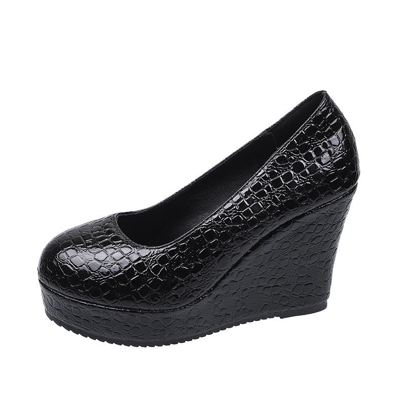 

Fashion Super High Heel Shoes Summer New Round Head Shallow Mouth Stone Pattern Waterproof Platform Anti-landslide Heel Shoes 35 чёрный