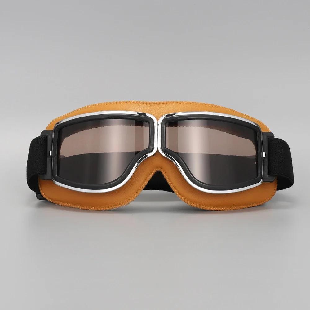 Vintage Pilot Motorcycle Goggles UV400 Windproof Scratch Resistant PC Lens with Leather Trim for Open Face Helmet