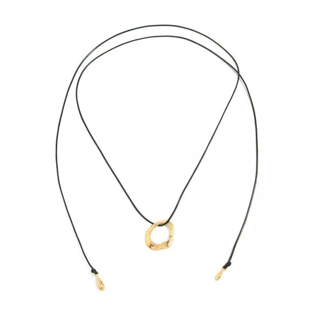 Salircon Korean Fashion Geometric Hollow Round Pendant Necklace Women Adjustable Long Black Leather Rope Choker Charm Jewelry
