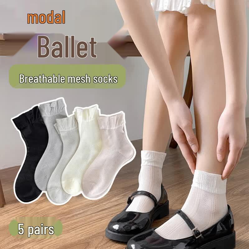 Women s 5-Pack Seamless Cotton Blend Mid-Calf Socks with Lace Trim One Size
