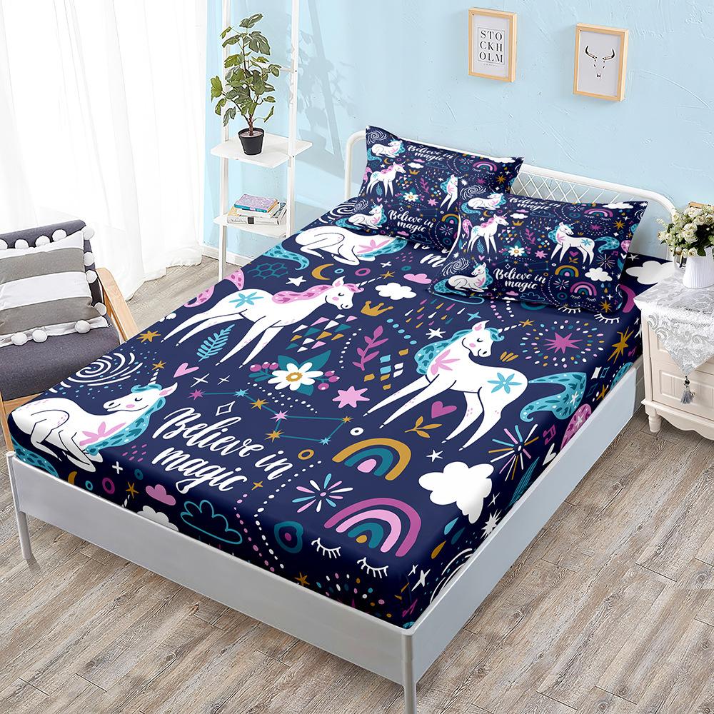 Cartoon Unicorn Mattress Kit, Mattress Three-Piece Set, Bedspread, Pillowcase, Mattress Protective Cover.