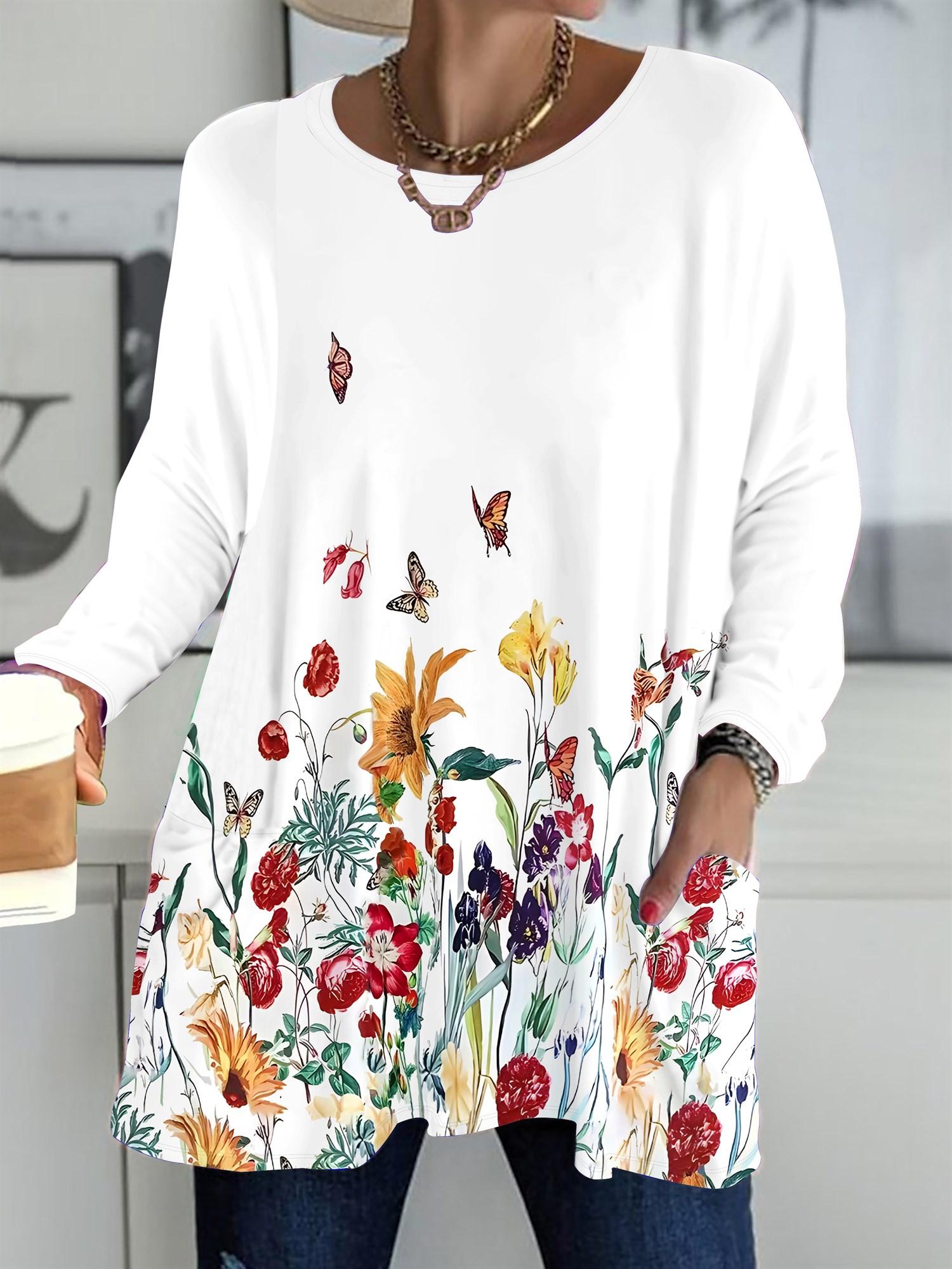 

2025 Autumn Winter New Plus Size Women s Tops, Butterfly 3D Print Fashion Crew Neck Long Sleeve T-Shirts 1XL белый