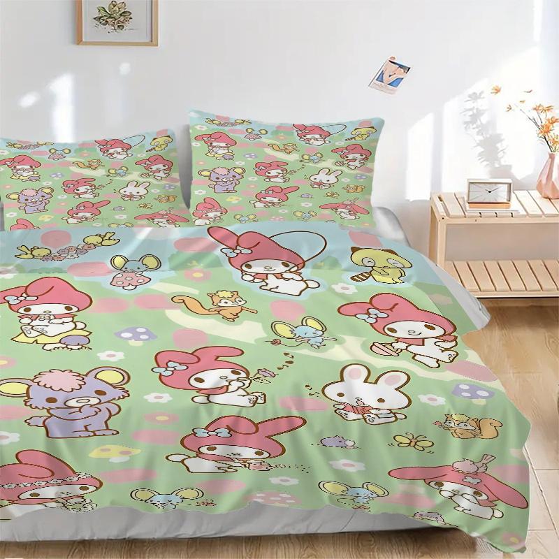 

3pcs My Melody and Friends A Whimsical Garden Adventure Quilt Cover Set (1 Quilt Cover + 2 Pillowcases Without Pillow Core), High-Definition Prin 135x200cm