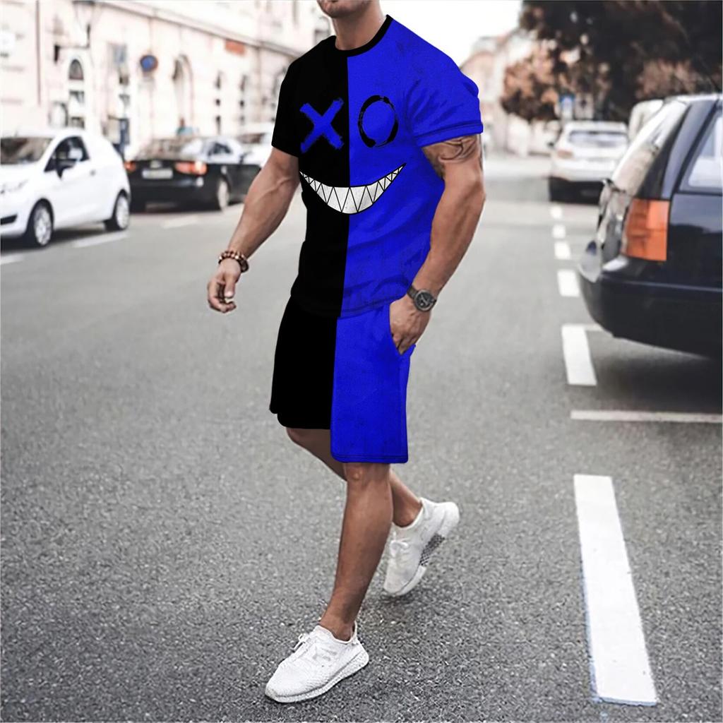 Summer Men's Round Neck Short Sleeved and Shorts Two-piece Set, Facial Expressions Comical and Realistic 3D Printing Set, Men's