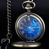 Pocket Watch Hollow Blue Starry Design Roman Numerals Vintage Quartz Pocket Watch with Chain Men's Pocket Watch