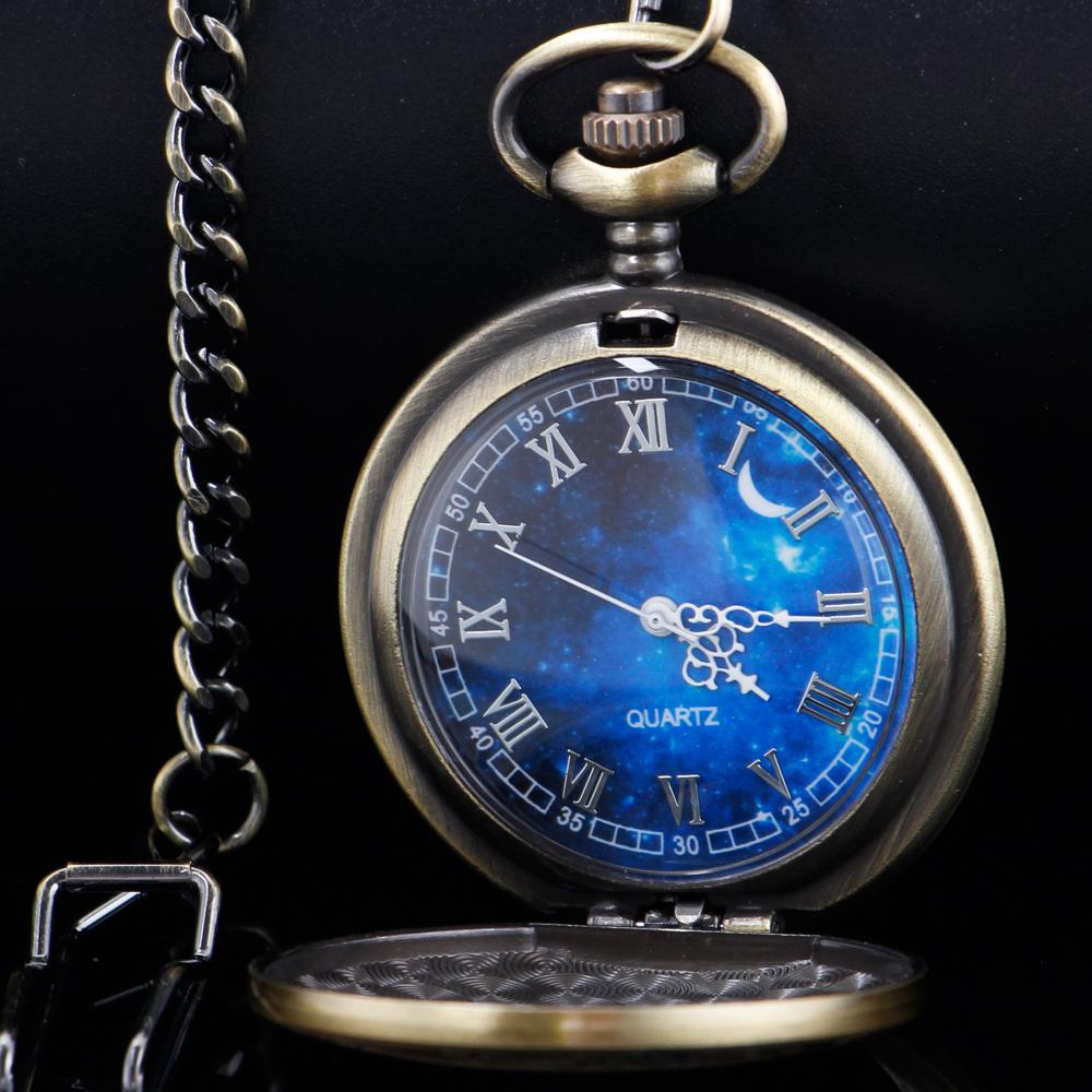 Pocket Watch Hollow Blue Starry Design Roman Numerals Vintage Quartz Pocket Watch with Chain Men's Pocket Watch
