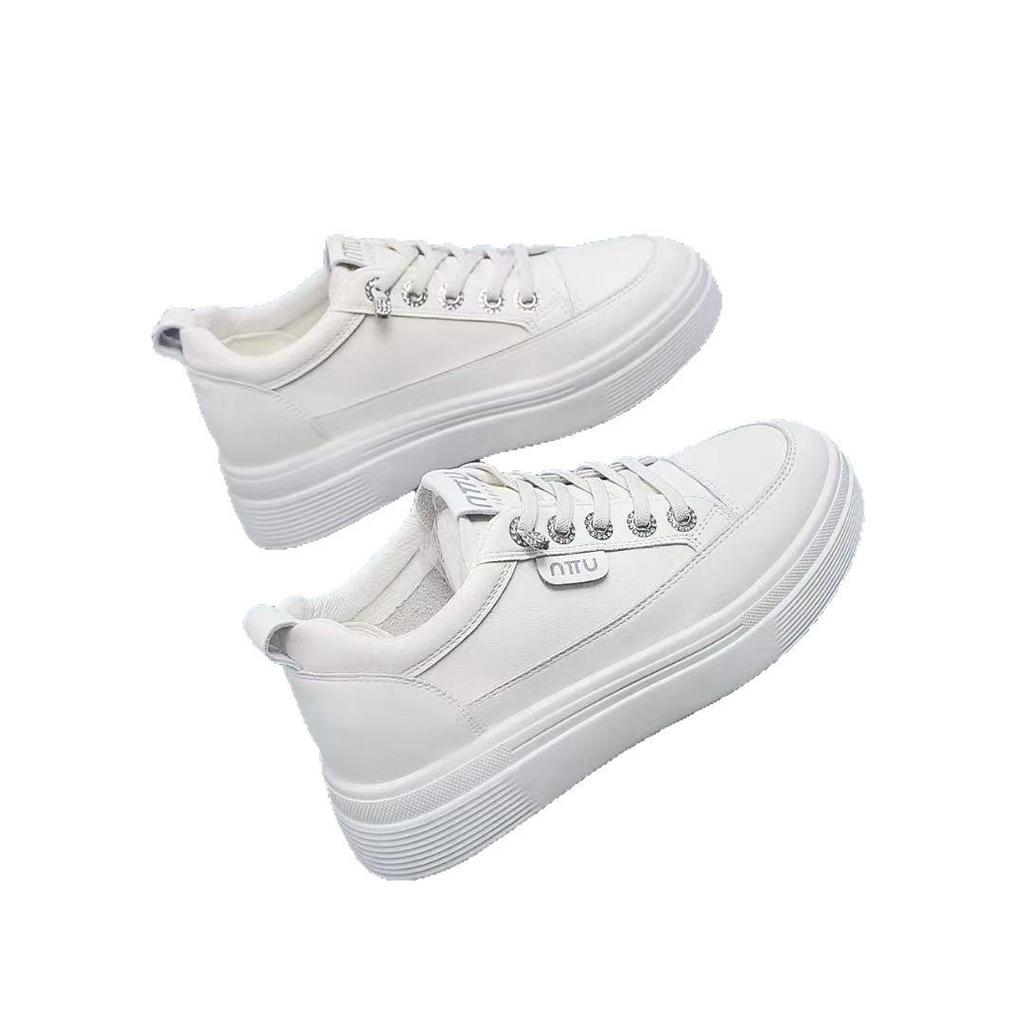 Women's White Hidden Heel Sneakers, Comfortable Soft Sole Platform, Genuine Leather, 2025 Autumn Collection.