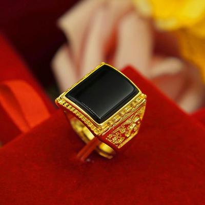 Men's Gold-Plated Brass Ring with Obsidian Sand and Agate