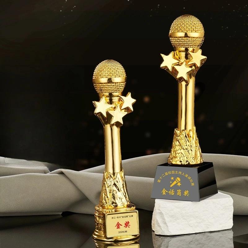 Customized Microphone Five-pointed Star Resin Trophy, Crystal Base Excellent Host Singing Talent Activity Competition Award, 1Pc