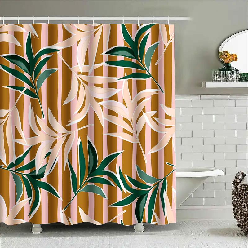 Luxusdruck Duschvorhang Wasserdichter Stoff Heimdekoration Badezimmerdekorationen Modernes Design Blattmuster Wandbehang (Rosa