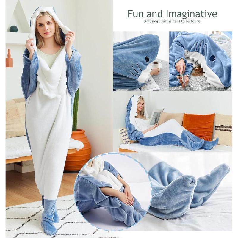 Adult Shark Pajamas Blanket Onesie: Cute, Super Soft Flannel, Wearable & Anti-Kick Sleeping Bag