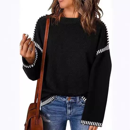 Women s Casual Striped Sleeve Knit Sweater Loose Round Neck Pullover in Multiple Colors S