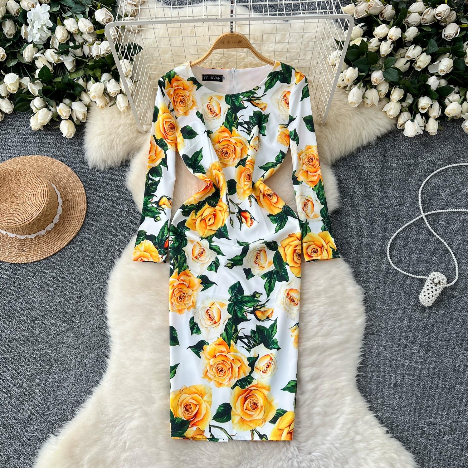 

Весна Осень Подиум Женское Элегантное Дизайнерское Платье С Принтом O-образный Вырез Длинный Миди Тонкий Облегающий Вечернее Платье-Карандаш S жёлтый