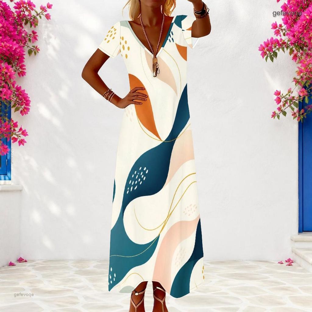 Women Plus Size V Neck Short Sleeve Printed Casual Long Dress