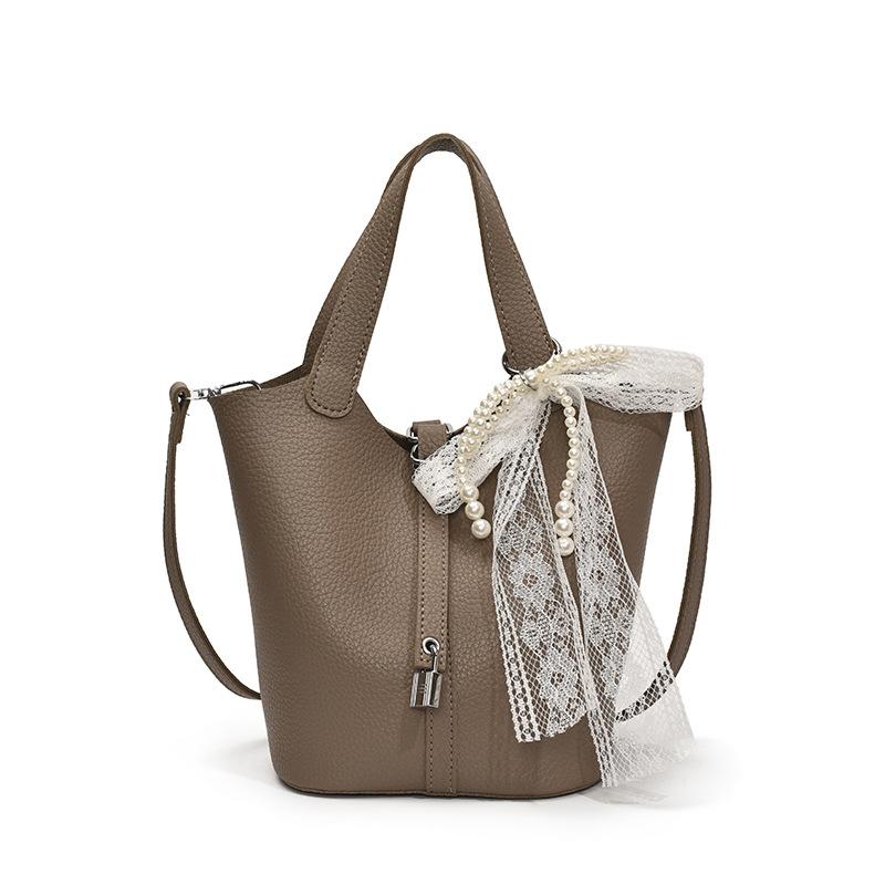 Simple Temperament Lychee Pattern Portable Bucket Bag Casual Light Luxury Solid Color High-end Messenger Bag Bag Female