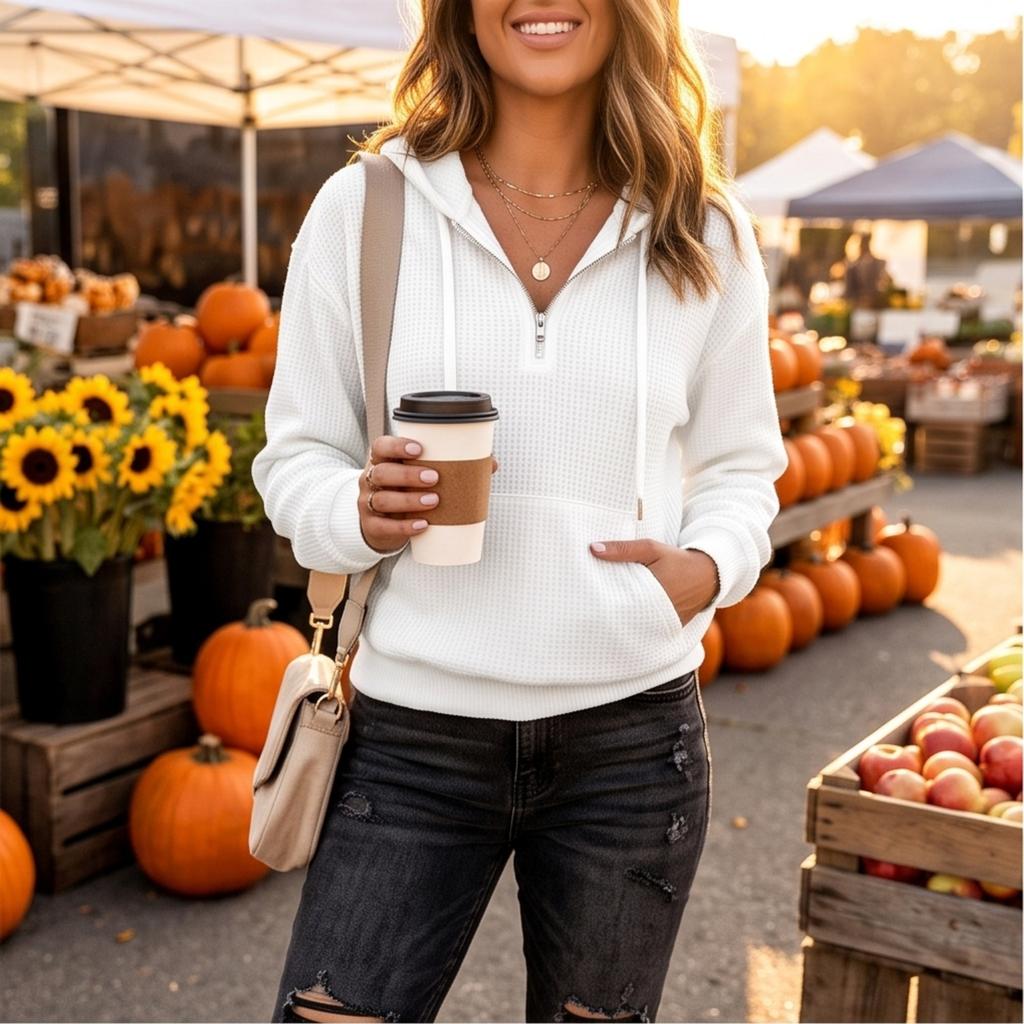 Women's Casual Long Sleeve Hoodie with Knit Texture Color Vintage Pullover Sweatshirt