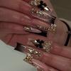 24Pcs Long Square Press On Nails Leopard Print French 3D Cherry Design False Nail Rhinestone Wearable Full Cover Fake Nails Tips
