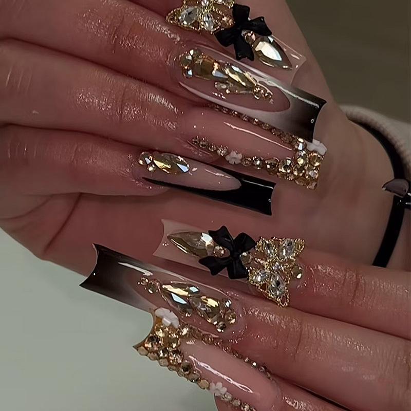 24Pcs Long Square Press On Nails Leopard Print French 3D Cherry Design False Nail Rhinestone Wearable Full Cover Fake Nails Tips