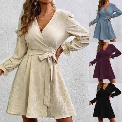 Women's Fashion Casual Solid Color V-Neck Drawstring  Sleeves Patchwork Dress