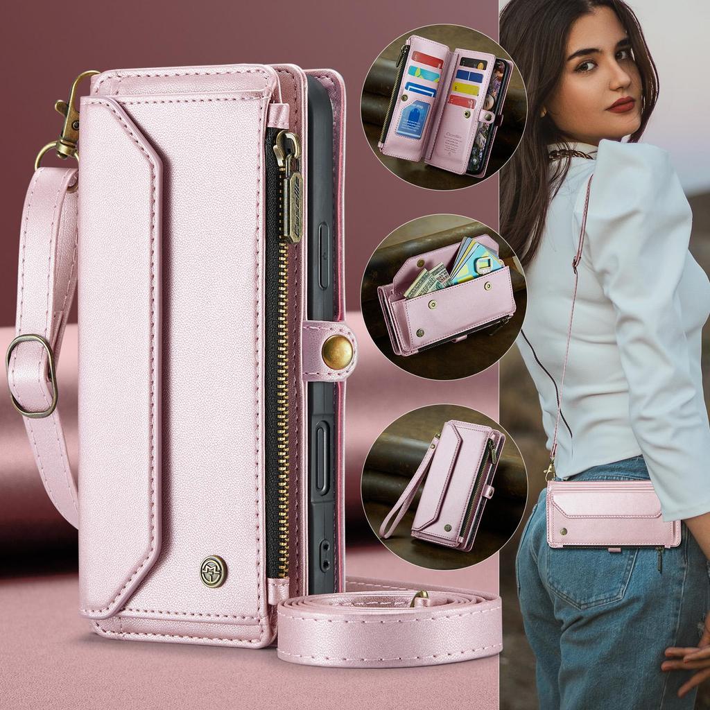 CaseMe (C36) Crossbody Wallet Case For iPhone 13 14 15 16 Pro Max Zipper Wrise Multi-functional Flip PU Leather Card Slots Holder Cover Protector
