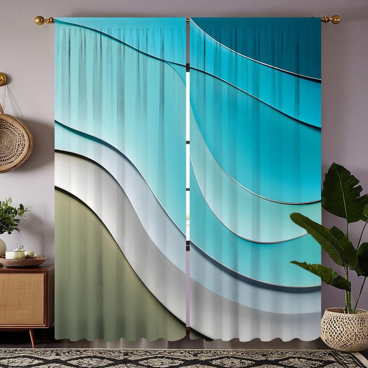 

2pcs HD stereo wave beach decorative curtain Blue digital printed curtain Home decoration style decoration living room bedroo W52H63inchW132H160cm