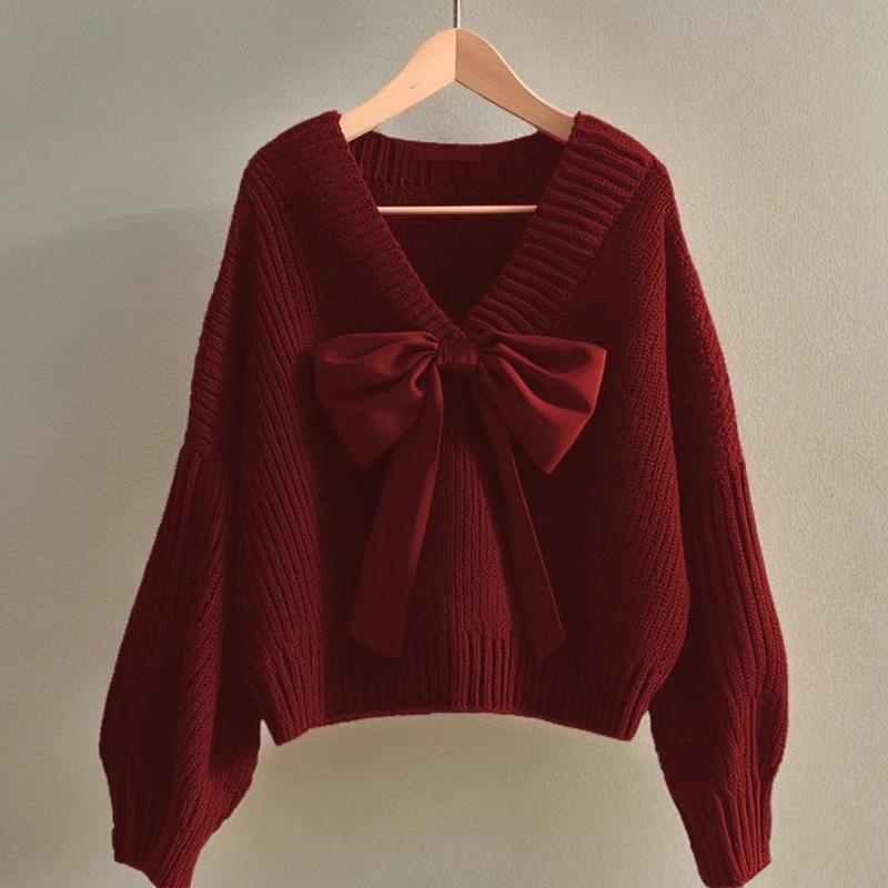 Women's Bowknot Knit Sweater - Versatile Autumn/Winter Fashion 2025, Japan-Korea Style