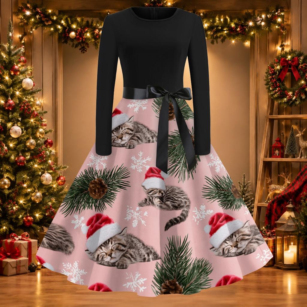 Women's Casual Christmas Print Neck Vintage Dress for Holiday Party