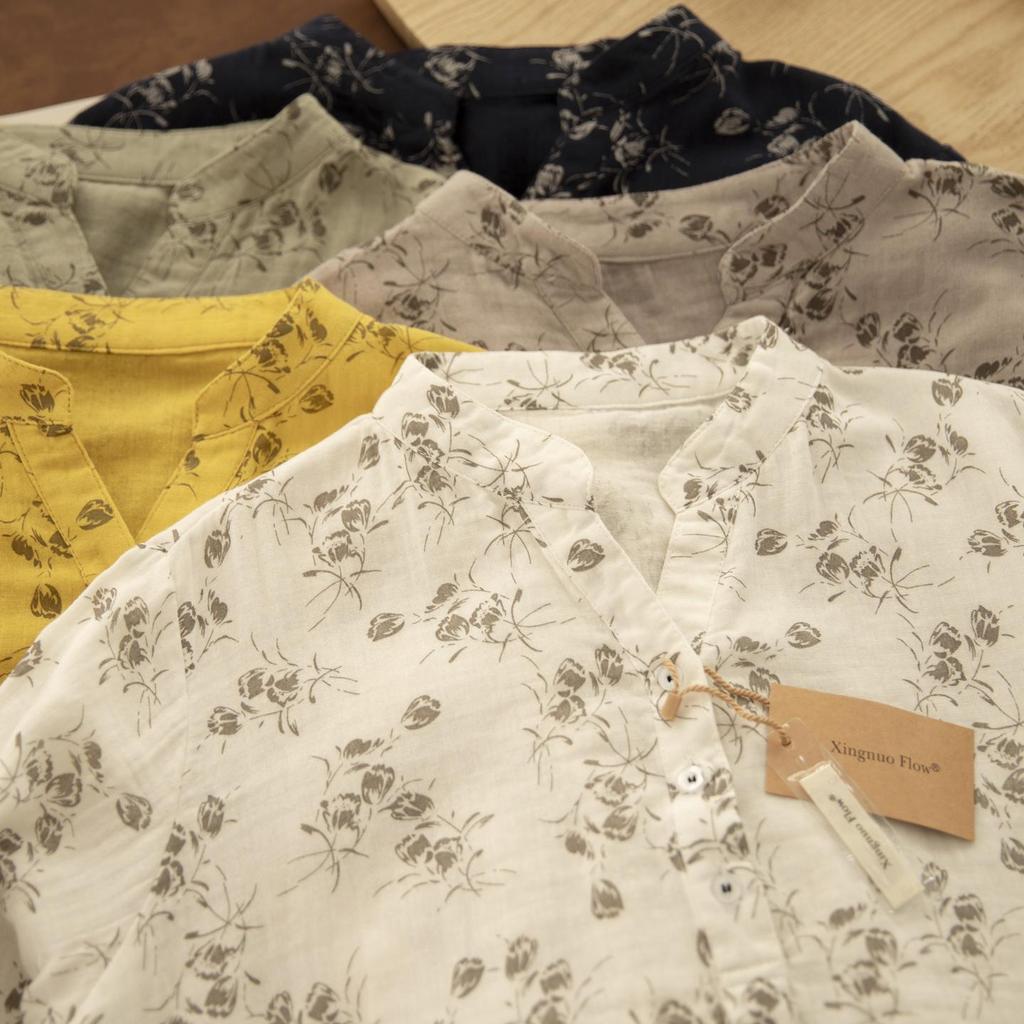 Chemise en Coton et Lin à Manches Longues et Décolleté en V Florale Gorge d'Hiver – Style Printanier Élégant pour Femme