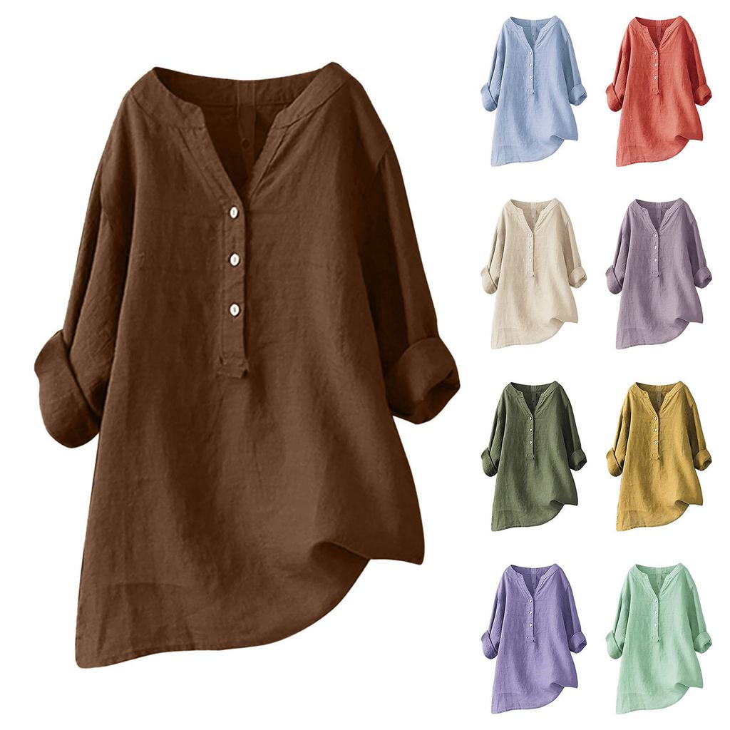 Women’s Long Sleeve Linen Tunic Shirt Loose Fit Button Down V Neck Casual Blouse Lightweight Comfortable Top