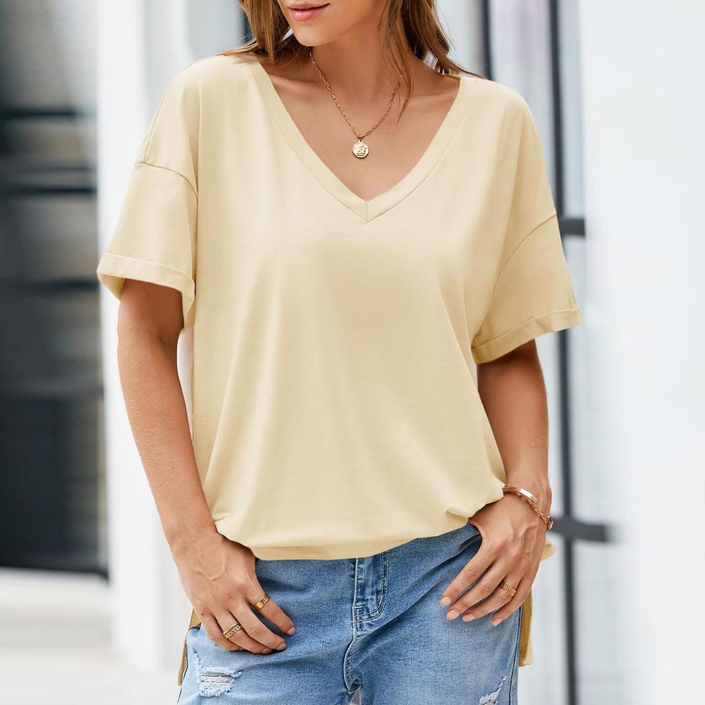 Women's Fashion Casual Drop Shoulder Short Sleeve Deep V-Neck T-Shirt Top