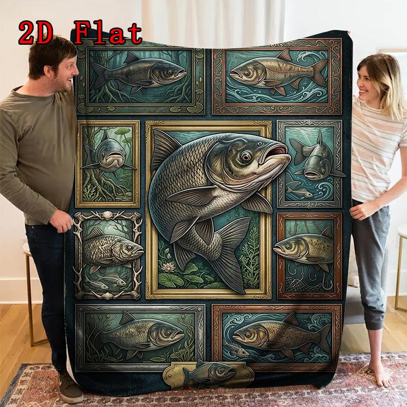 Fish Illustrations 2D Flat Pattern Flannel Blanket, High Quality All Seasons, Home Decor, Warmth and Comfort, Perfect for Christmas Gifts.
