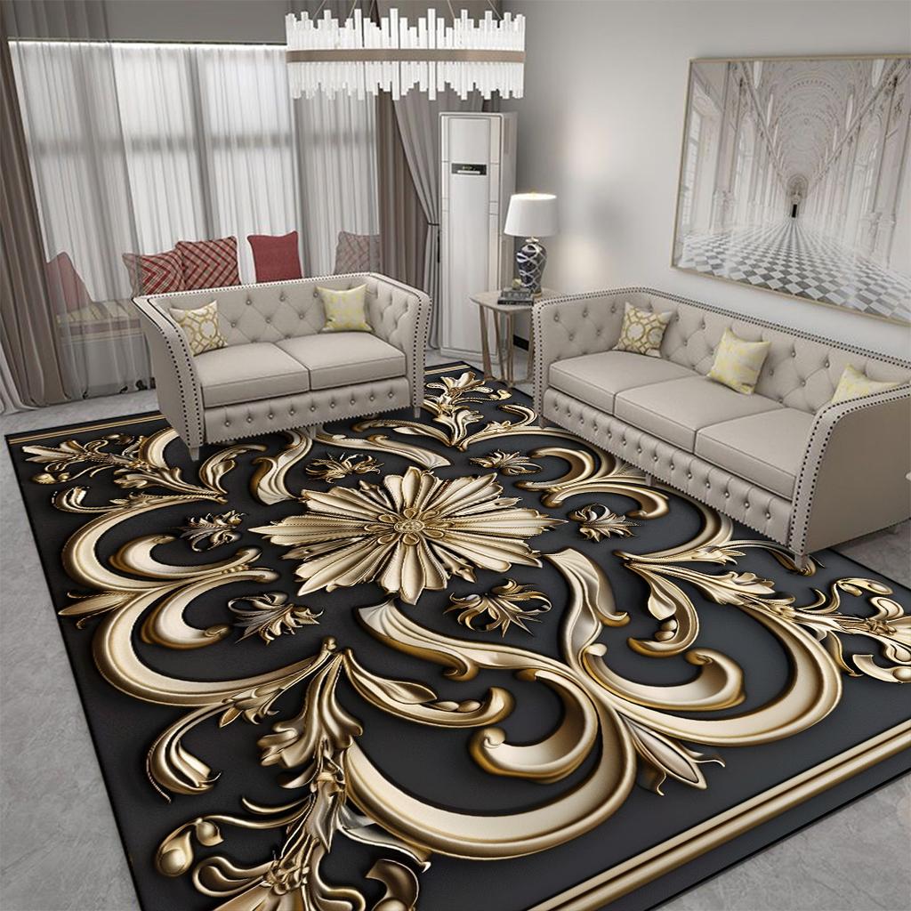 Luxury Golden Flower Carpet for Living Room Advanced European Decoration Bedroom Bedside Area Rug Washable Coffee Tables Mat