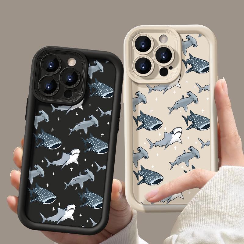 For iPhone 16 16E 15 Pro Max 14 Pro 13 12 11 Case Cartoon Shark Pattern Anti-Fall Matte TPU Lens Protection Shockproof Soft Phone Cover